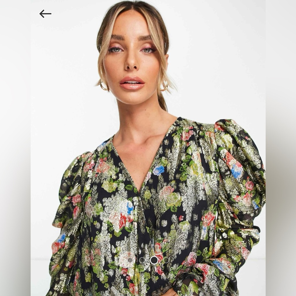 River Island draped metallic floral 80’s blouse
